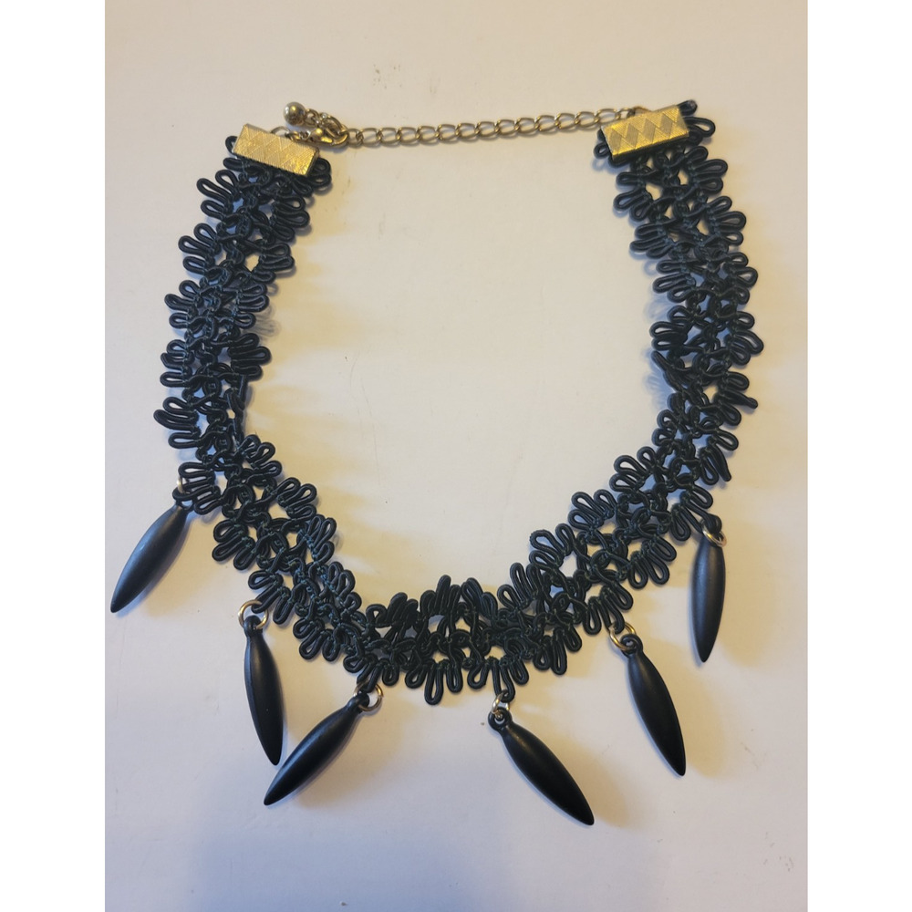 Vtg Black Cloth Tatted Gothic Lace Dangle Victorian Jewelry Choker Necklace - Picture 3 of 7